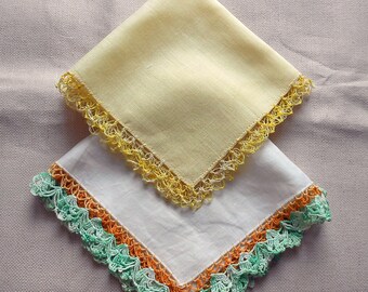 2 LINEN HANKIES Pastel Yellow & White Dainty Tatted and Gold Green Crochet Edgings Mid Century Vintage Wedding Mother's Day Lady Gift 12" sq