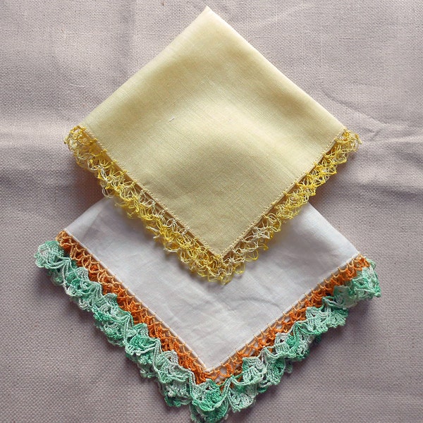 2 LINEN HANKIES Pastel Yellow & White Dainty Tatted and Gold Green Crochet Edgings Mid Century Vintage Wedding Mother's Day Lady Gift 12" sq