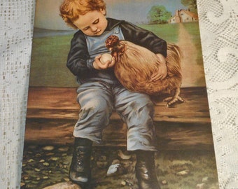 Farm CHILD & Pet CHICKEN or Rooster Litho Print Cute Kid in Denim Overalls High Top Boots, Rich Colors Vintage Playroom Art to Frame 12 x 16