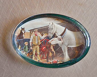 Oval Glass Paperweight ENGLISH HORSE STABLE Scene Men Boy Workhorses Farm Cart Colorful Litho Print, Vintage Thick Glass Guy Desk Dresser