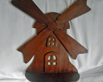 WINDMILL CURIO SHELF 11" x 16" Vintage Pine Wood Wall Decor Windows Door Blades 4" Deep Holder 1930 Rustic Hand Crafted Tramp Art Ks Label