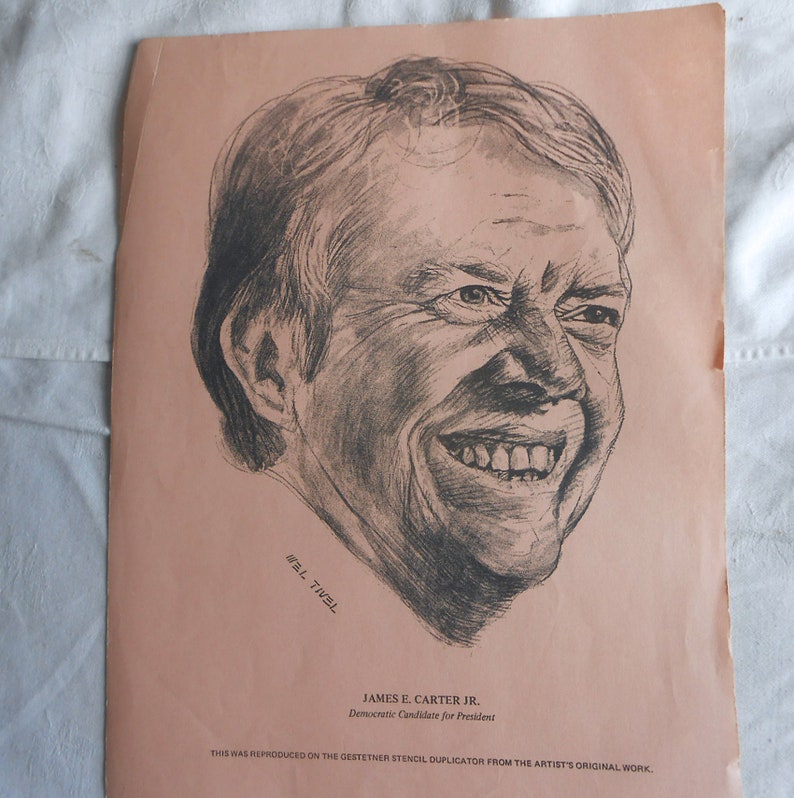 President JIMMY CARTER Prints for 1970s Democratic Presidential Campaign Buy 1 or All, Mel Tivel Artwork 8.5 by 11 to Frame GA Gov White