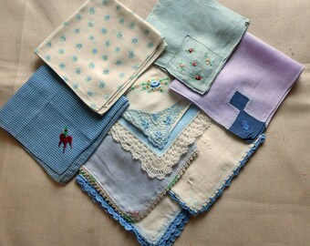 Something BLUE LINEN HANKIES 9 pcs Dainty Crochet Edgings Tiny Roses Embroidery Gingham Wedding Shower Gifts Unused 1950s Finds 11" - 13" sq