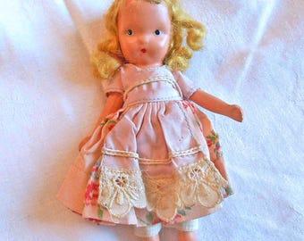 1940s Nancy Ann Bisque Doll Storybook Blond Hair Moveable Arms Satin Dress