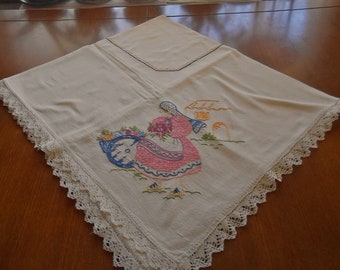 1950s FARMERS MARKET SELLERS Tablecloth Flower & Fruit Lady Bright Pink Dress Man Blue Pants Scarf Lace Trim Embroidered Cotton 45 x 50 Find