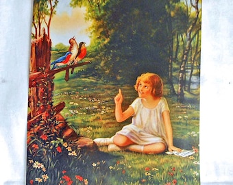Birds Litho Print Girl Singing Bluebird & Robin Choir Vintage Buxton Cottagecore Art to Frame