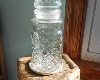 Mr. Peanut CLEAR GLASS Food Storage 1984 Jar Apothecary Find Diamond Pineapple Textured Design Tight Fitting Lid 8" h 3.5" dia 6" deep