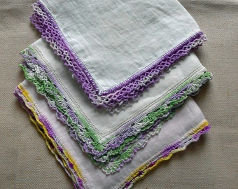 3 Dainty LINEN HANKIES Lavender Hand Tatting & Crochet Shell Edgings Yellow Green Pastel Trim 1950s Wedding Vintage Lady Accessories 11" sq