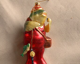 Fish Ornament Blown Molded Glass Fly Rod Waders Creel Sporty Guy Gift 5.5"