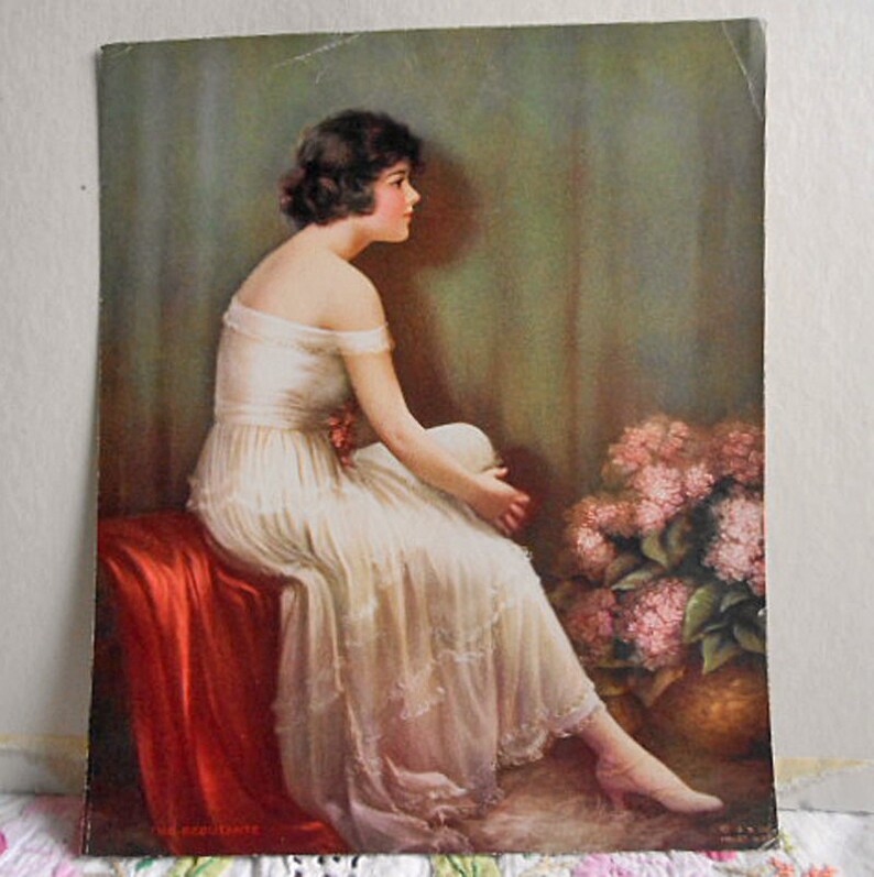 Moonlit LADY & ROSE Bouquet Framed Litho Print Gently Faded 1900's Edwardian Era Wood Gilded 13.5 by 11 Frame, Antique Vanity Wall Decor image 9