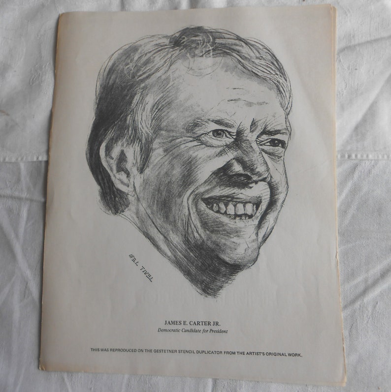 President JIMMY CARTER Prints for 1970s Democratic Presidential Campaign Buy 1 or All, Mel Tivel Artwork 8.5 by 11 to Frame GA Gov Beige