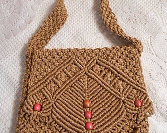 Woven MACRAME BAG Burnished Gold Jute Cord Detailed Knotted Design Wood Beads Sturdy Strap Unused Shoulder Purse Vintage Boho Hippie Find