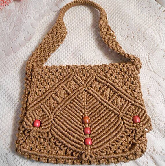 Woven MACRAME BAG Burnished Gold Jute Cord Detaile