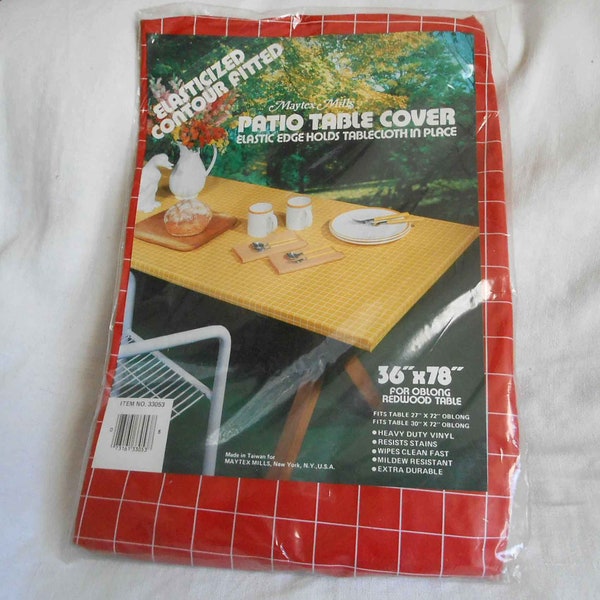 Red PATIO Picnic TABLE COVER Heavy Duty Vinyl Oil Cloth Bright Geo Print Elastic Edge Mildew Resistant Deadstock Fits 36" x 78" Top M I B