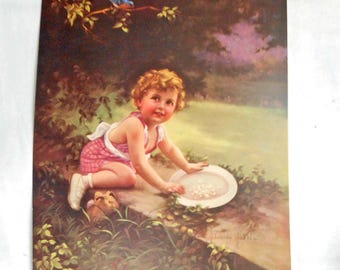 Bluebird Litho Print Sepia Tone A Hiebel Toddler & Bird Vintage Cottagecore Art to Frame