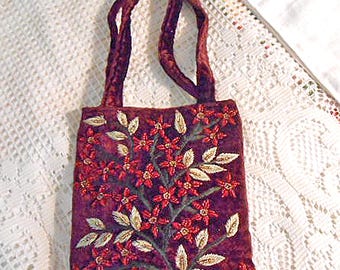 Wine Velvet Bag Beaded Stars & Leaves Embroidery Vintage Girlie Wrist Purse Cottagecore Style