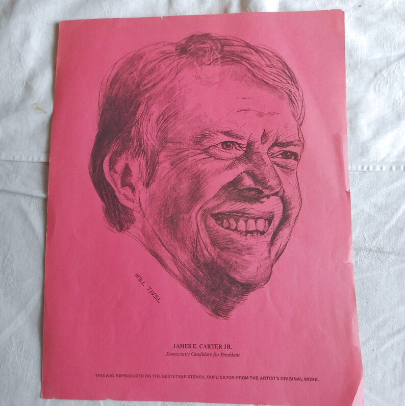 President JIMMY CARTER Prints for 1970s Democratic Presidential Campaign Buy 1 or All, Mel Tivel Artwork 8.5 by 11 to Frame GA Gov Pink