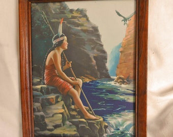 INDIAN GIRL & EAGLE Litho Print 1920s Original Rocky Cliffs River Scene Fishing Spear Rich Vibrant Colors Buy Framed or Unframed Nostalgia