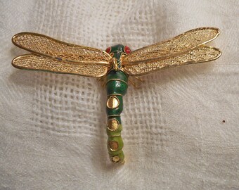 DRAGONFLY Ornament Enamel Gold & Green Body 5" Lattice Wings Red Black Eyes Hanging Loop Sparkling Colorful Insect Vintage Vanity Decor