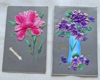 2 Velvet Flower Postcards Raised Die Cut Blooms Buds Leaves Gilded Messages German Antique