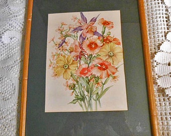 Botanical Bouquet Litho Print Pastel Flowers Vintage Wood Frame Cottagecore Wall Decor