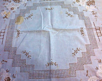 IVORY MADEIRA Oval TABLECLOTH Roses Leaves Raised Designs Embroidery Drawn & Cut Work Lattice Scallop Border Midcentury Table Linen 54 x 56