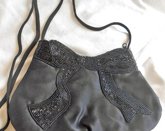 Black Satin Bag Beaded Bow 42" Braided Strap Zipper Top La Regale Purse