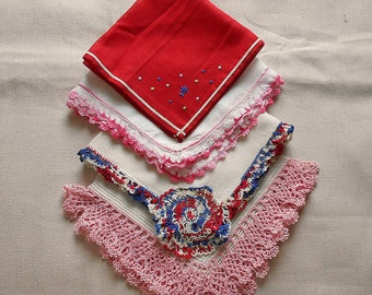 4 RWB LINEN HANKIE Lot 3 White 1 Red Pretty Pink Crochet & Blue Lace Edging Trims, Wedding Bridesmaids Mother's Day Find Girlie Gifts Unused