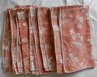 7 TOILE DINNER NAPKINS Dainty Cream Flowers Birds, Round & Square Plates Soft Mauve Light Weight Cotton 16" Sq Lunch or Dinner Accessory