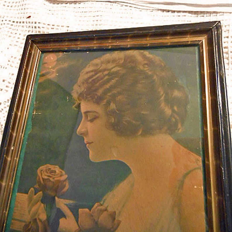 Moonlit LADY & ROSE Bouquet Framed Litho Print Gently Faded 1900's Edwardian Era Wood Gilded 13.5 by 11 Frame, Antique Vanity Wall Decor image 2