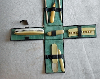 Art Deco Manicure Set Bakelite Handles Folding Slip Case Antique Flapper Era Vanity