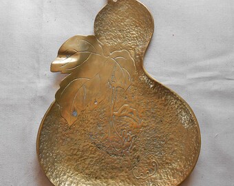 Brass Gourd Tray Leaf Curly Vines Hammered Texture Heavy Solid Metal Fall Winter Decor