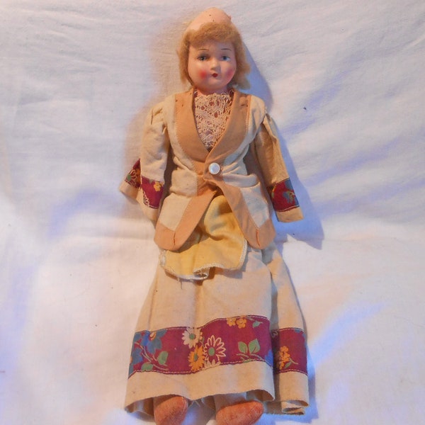 Antique HAND CRAFTED 1920s DOLL Porcelain Head Painted Face Cloth Body Tailored Cotton Suit Lace Top Jacket Skirt Apron Collector Find 15"