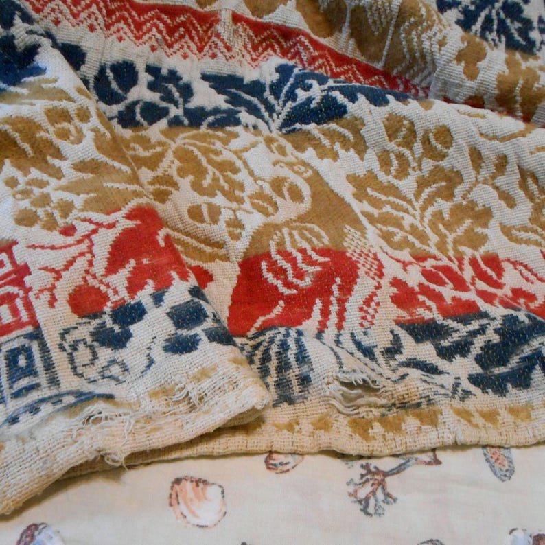 May include: Close-up of a vintage textile with a repeating pattern. The design features red, blue, and gold floral and geometric motifs on an off-white background. The fabric appears worn, with visible fraying along the edges, suggesting age and use.