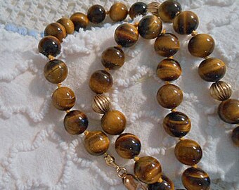 CATS or TIGERS EYE Necklace Rich Gold & Brown Quartz Single Strand Gemstones Grooved Gold Tone Beads Lobster Claw Clasp Unisex 19" Preowned