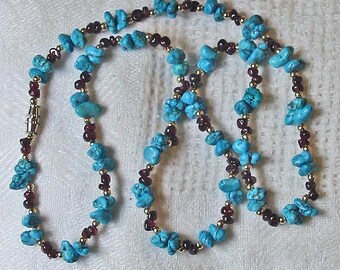 TURQUOISE CHUNK NECKLACE Silver Beads Reddish Purple Stones Amethyst Barrel Clasp Vintage Mexico Southwestern Style & Colors Unisex 23" long