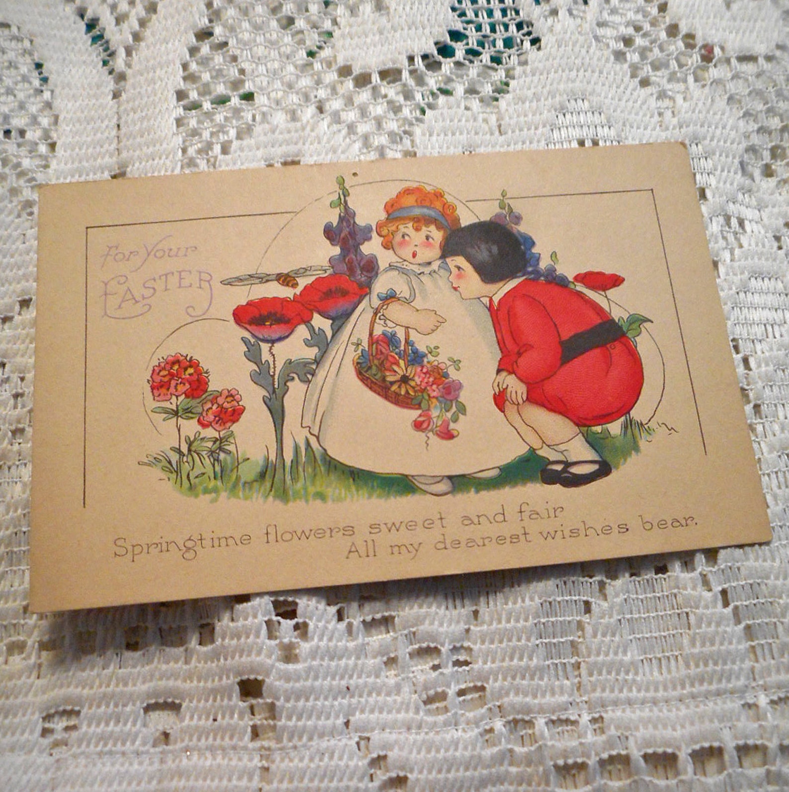 2 Art Deco EASTER POSTCARDS Verses Girl in Pink Bonnet With - Etsy