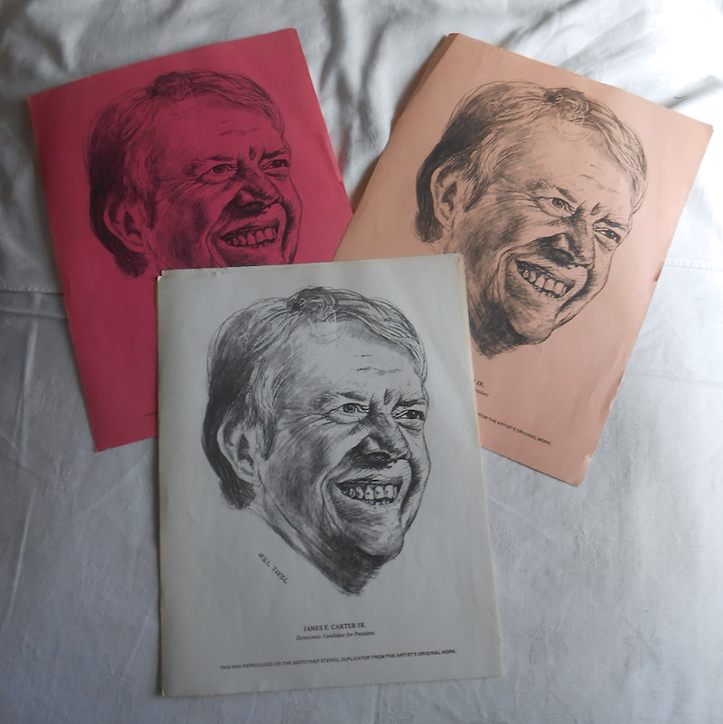 President JIMMY CARTER Prints for 1970s Democratic Presidential Campaign Buy 1 or All, Mel Tivel Artwork 8.5 by 11 to Frame GA Gov image 1