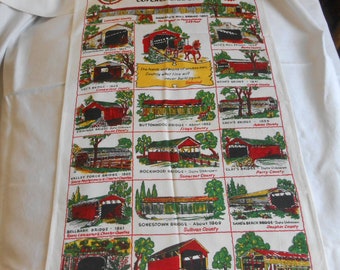 COVERED BRIDGES Tea Towel Rustic Rural PENN Dutch Scenes Amish Horse Buggy Bright Cotton Screen Print Souvenir 15.5 x 26 Unused P D Textiles