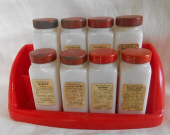 Griffith Spice Jars Set 8 White Milk Glass Bakelite Rack Caps Labels 1930s Kitchen