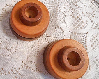 Tramp Art MAPLE & WALNUT CANDLESTICK Holders Rustic Laminated Natural Wood Circles Hand Crafted Pair Farmhouse Country Decor Vintage 1930s