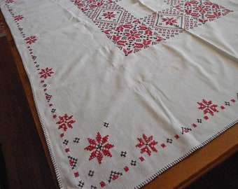 RED & BLACK TABLECLOTH Embroidered Cross Stitch Bright Geo Flower Design 1950 Mid Century White Linen 54 x 46 Home Made Dining Table Pretty