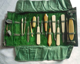 Art Deco 14 pc Manicure Set Bakelite Handles Velvet Lining 1920s Flapper Vanity Roll Up