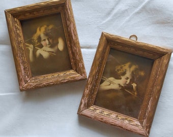Mini CUPID AWAKE & ASLEEP Sepia Litho Framed Prints 2 Victorian Cherubs Nostalgic Keepsake Antique 1897 M B Parkinson 4 x 5 Distressed Wood