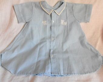 Blue Gingham BABY TRAIN SHIRT Hand Embroidered Feltman Bros Find Boy 3 to 9 Months, Poly Cotton Cute Vintage Philippines Ez Care Washable