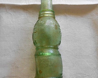 Green Glass NUGRAPE SODA Pop BOTTLE Pebble Texture Vintage 1937 Atlanta Ga Quirky Mold Side Bulge, 8" h Vase Home Bar Find Shelf Sitter