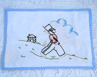 SOLDIER BEAR PILLOWCASE Cute Boy's Cover 10 x 15 Embroidered Black Gold Outlines Blue Clouds, Vintage Child or Doll Cotton Accent Sham Bed