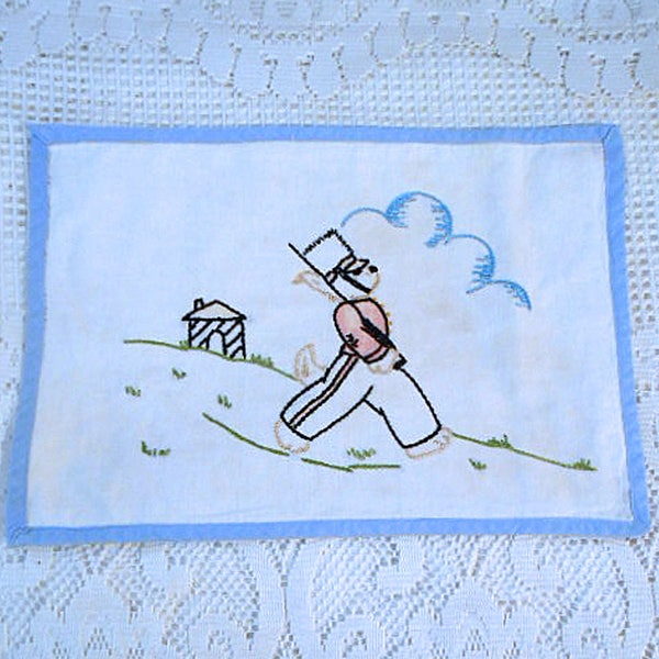 SOLDIER BEAR PILLOWCASE Cute Boy's Cover 10 x 15 Embroidered Black Gold Outlines Blue Clouds, Vintage Child or Doll Cotton Accent Sham Bed