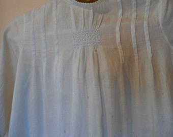 GIRL or DOLL WHITE Dress Smocked Pleated Edwardian Batiste Sleeves Blue Hand Embroidered Neck & Cuff Back Opening Doll Wardrobe 6 -9 mo