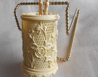 Cocktail Forks Lot in Cream Plastic Holder Vintage Party Food Accessory Hong Kong Made
